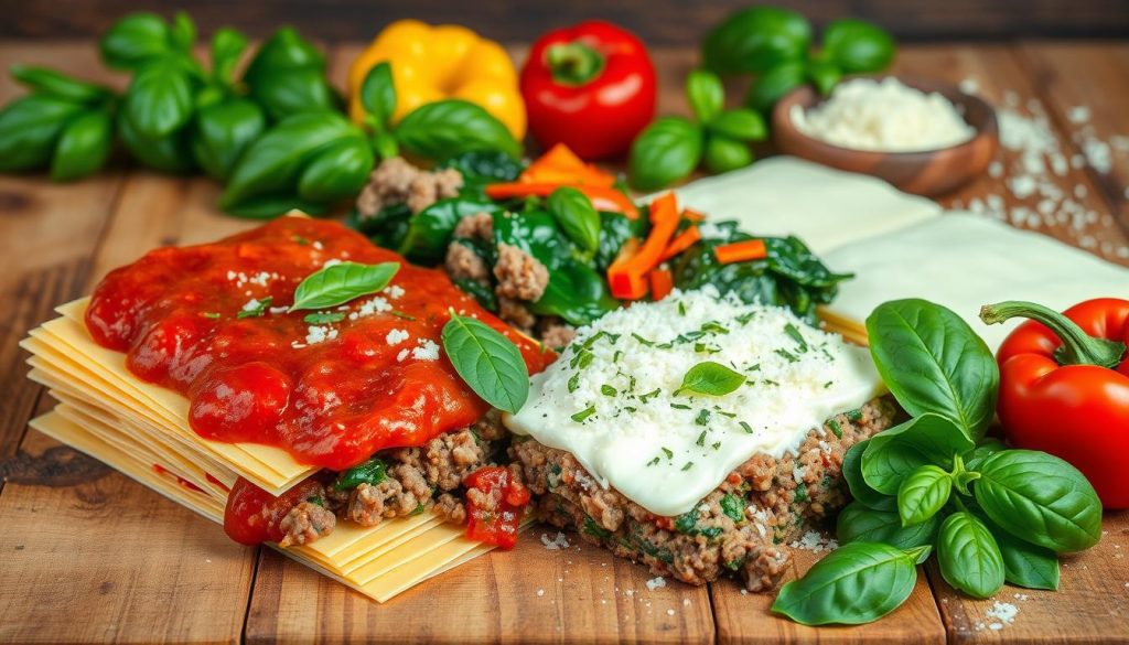 A rustic wooden countertop showcasing vibrant homemade lasagna ingredients, including fresh pasta sheets, marinara sauce, ricotta cheese, grated mozzarella, ground beef with Italian herbs, sautéed spinach, bell peppers, fresh basil leaves, and Parmesan cheese.