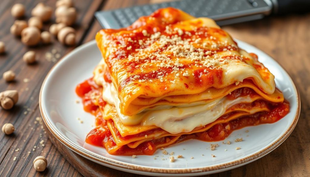 Close-up of a lasagna layered with golden cheese, vibrant tomato sauce, and creamy béchamel, sprinkled with grated nutmeg, with whole nutmeg pods and a microplane grater on a rustic wooden table.