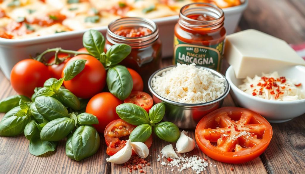A vibrant display of lasagna flavor enhancers, featuring fresh basil leaves, grated Parmesan cheese, ripe tomato slices, marinara sauce, minced garlic, and red pepper flakes, arranged on a rustic wooden table with a lasagna dish in the background.