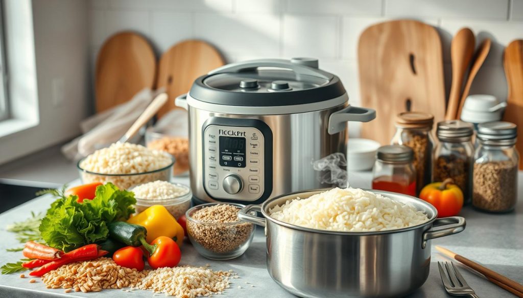 A modern rice cooker on a kitchen countertop, surrounded by various grains like rice and quinoa, colorful fresh vegetables, spices in jars, and a bubbling pot of cooked rice with steam rising, soft natural light illuminating the scene.