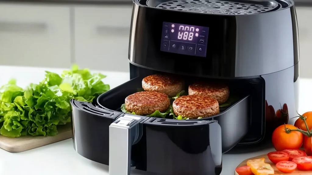 A sleek modern air fryer with a digital display showing the temperature settings for cooking frozen turkey burgers, surrounded by fresh ingredients like lettuce, tomatoes, and a baking tray, in a bright kitchen setting.