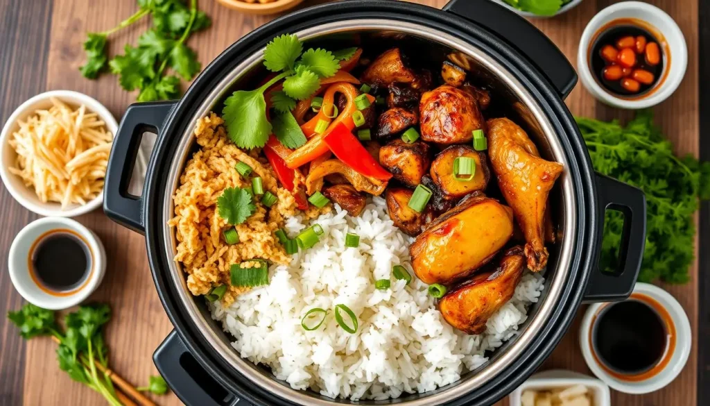 A vibrant and inviting rice cooker filled with an assortment of colorful Asian-inspired dishes, such as steaming jasmine rice, succulent stir-fried vegetables, and tender teriyaki chicken, surrounded by fresh herbs like cilantro and green onions, set on a traditional wooden table with delicate chopsticks and small bowls of soy sauce and pickled ginger.