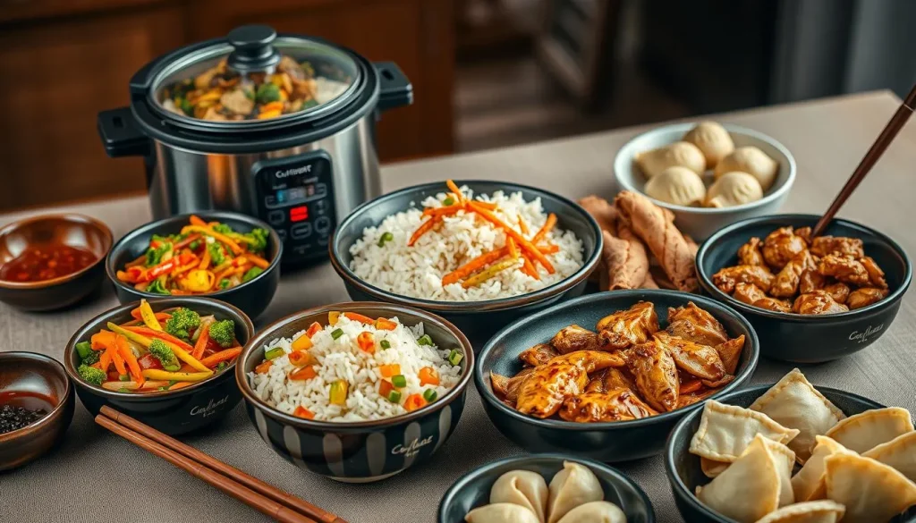 A beautifully arranged rice cooker filled with colorful Asian-inspired dishes, featuring vibrant stir-fried vegetables, fragrant jasmine rice, savory teriyaki chicken, and steaming dumplings, surrounded by traditional Asian utensils and a serene table setting, soft warm lighting highlighting the textures of the food.