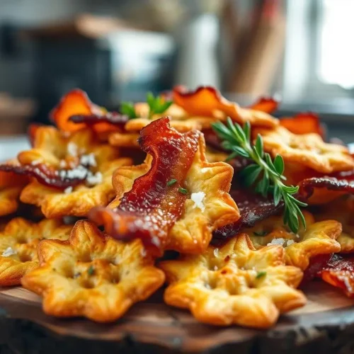 A close-up of crispy bacon crackers, arranged artfully on a rustic wooden platter, with a sprinkle of sea salt and fresh herbs, surrounded by a warm kitchen ambiance and soft natural light highlighting their golden-brown texture.
