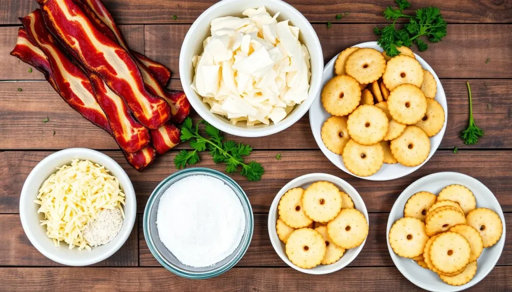 A beautifully arranged flat lay of essential ingredients for making bacon crackers, featuring crispy bacon strips, a bowl of cream cheese, shredded cheese, garlic powder, onion powder, and a plate of saltine crackers. Set on a rustic wooden table with fresh herbs scattered around for a touch of color. The scene is well-lit, highlighting the textures and colors of the ingredients.