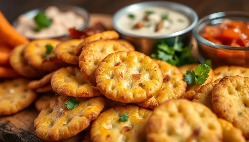 A close-up of golden, crispy bacon crackers arranged neatly on a rustic wooden platter, surrounded by an assortment of vibrant dips and garnishes, with soft lighting highlighting the texture of the crackers and the savory aroma they exude, evoking a festive party atmosphere.