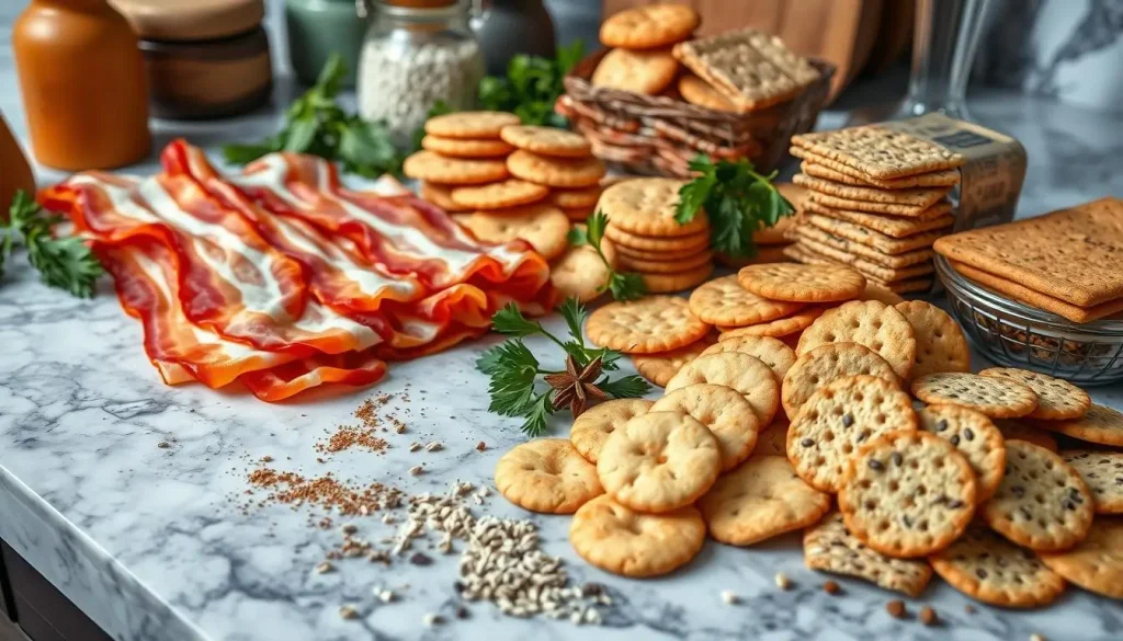 An elegant kitchen countertop featuring an assortment of bacon strips in various styles and thicknesses, alongside a selection of different types of crackers, including multigrain, cheese-flavored, and sesame seed varieties. Fresh herbs and spices scattered around, with a hint of cooking utensils in the background, showcasing the vibrant colors and textures of the ingredients.