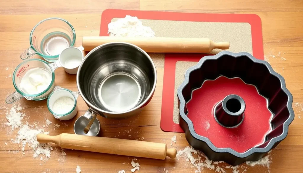 A collection of essential baking tools for making pull-apart bread, featuring a glossy mixing bowl, measuring cups, wooden spoon, rolling pin, silicone baking mat, and a bundt pan, all arranged neatly on a rustic wooden countertop with flour dust scattered around.
