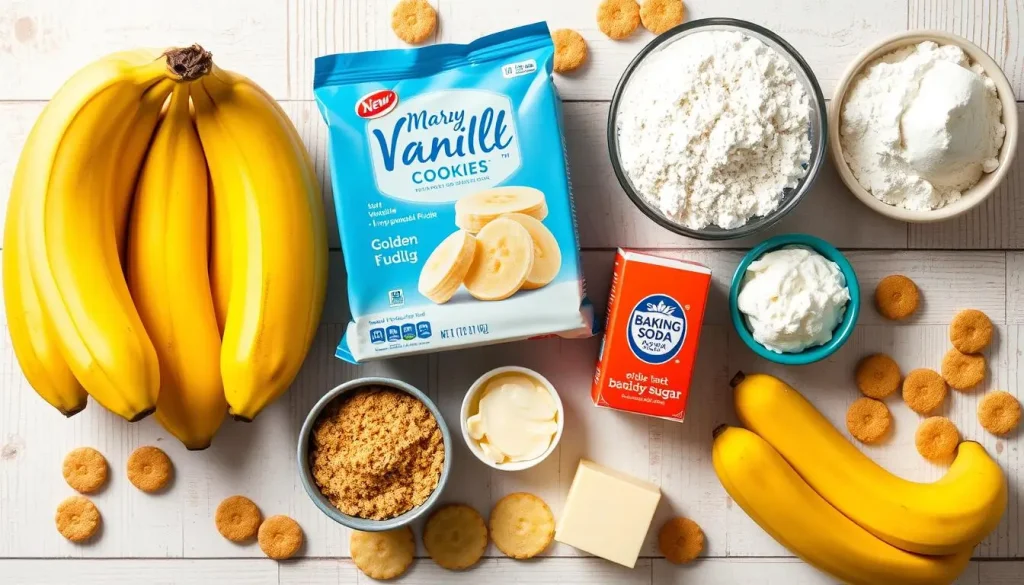 A flat lay of vibrant ingredients for banana pudding cookies, featuring ripe yellow bananas, creamy vanilla pudding mix, golden brown sugar, soft butter, all-purpose flour, baking soda, and mini vanilla wafers. Arranged on a rustic wooden table with a light texture background, with some scattered cookie dough and fresh banana slices. Bright, natural lighting to emphasize the freshness and sweetness of the ingredients.