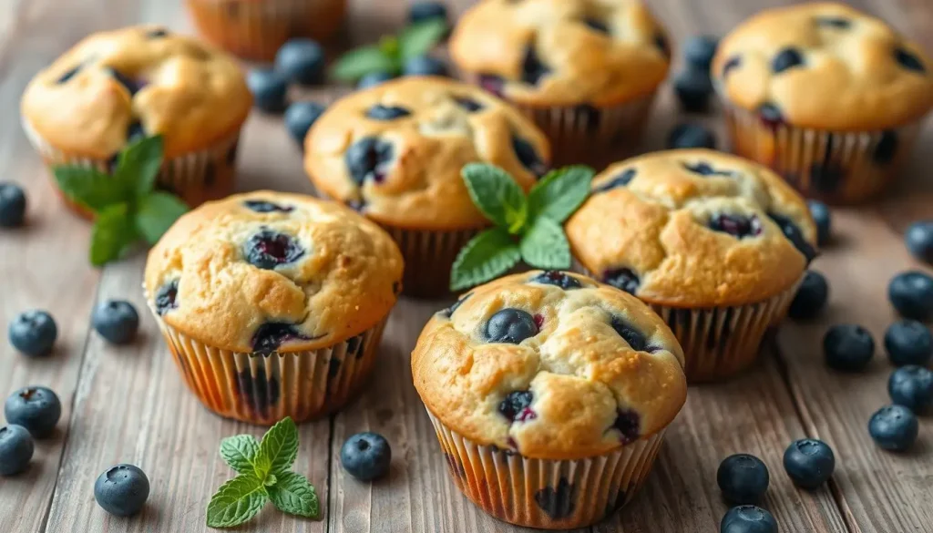 Freshly baked blueberry muffins arranged on a rustic wooden table, golden brown tops, bursting blue berries visible, surrounded by a few scattered blueberries and mint leaves, soft natural lighting highlighting the texture of the muffins.
