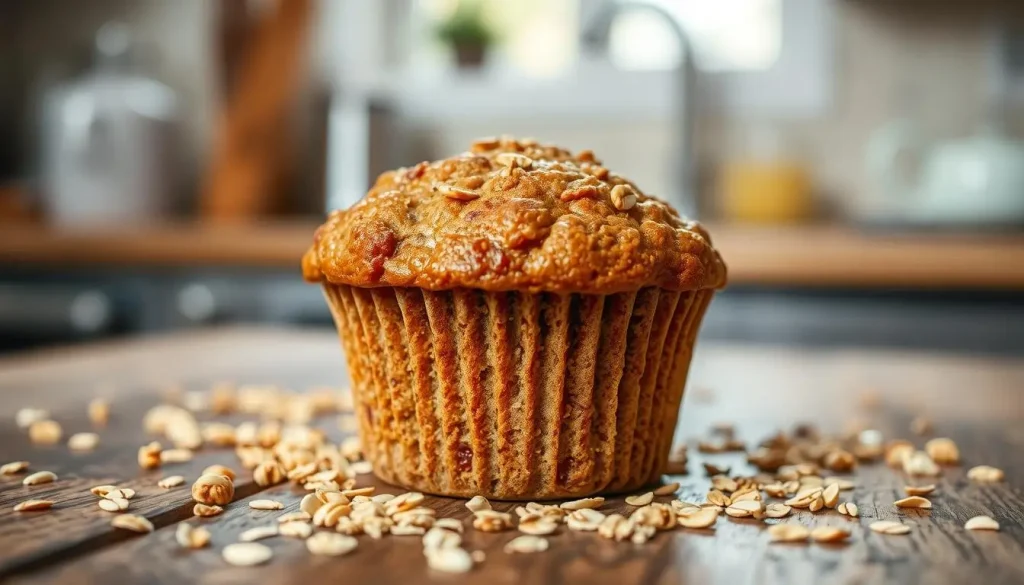 A freshly baked bran muffin, golden-brown and textured, sitting on a rustic wooden table, surrounded by scattered oats and wheat bran, with a soft focus background of morning light filtering through a kitchen window, highlighting the muffin's moist interior and nutty appeal.