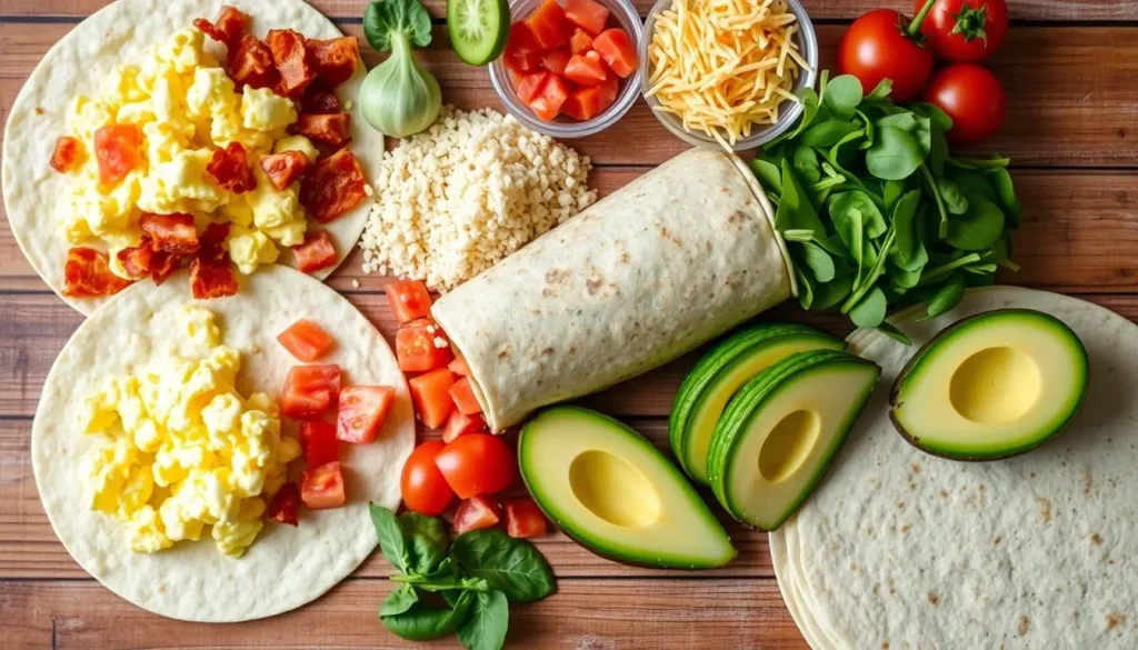 A vibrant arrangement of essential breakfast burrito ingredients on a rustic wooden table, featuring fluffy scrambled eggs, crispy bacon, diced tomatoes, shredded cheese, fresh spinach, sliced avocado, and warm tortillas, with bright natural lighting highlighting the textures and colors of each ingredient.