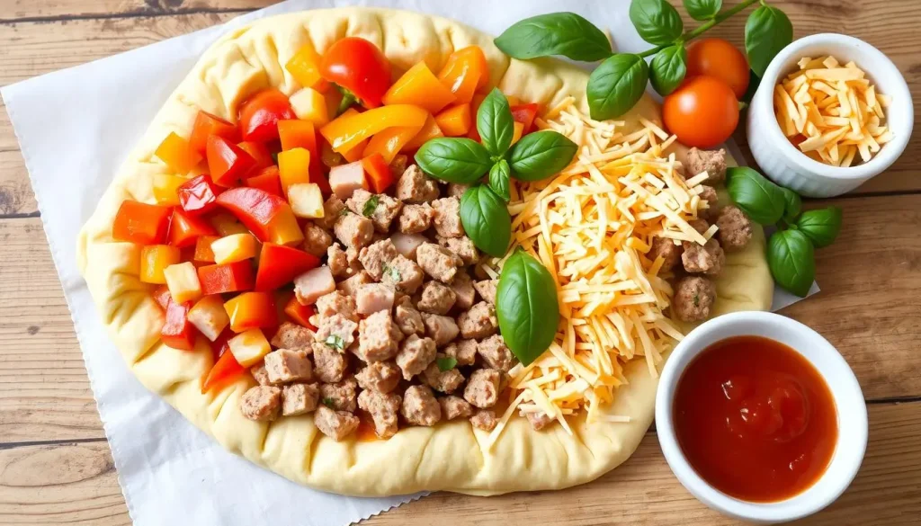 A colorful arrangement of breakfast pizza roll ingredients, featuring golden flaky dough, vibrant red and green bell peppers, savory diced ham, crumbled breakfast sausage, shredded cheddar cheese, fresh basil leaves, and a small bowl of marinara sauce, all artfully displayed on a rustic wooden table with a light morning ambiance.