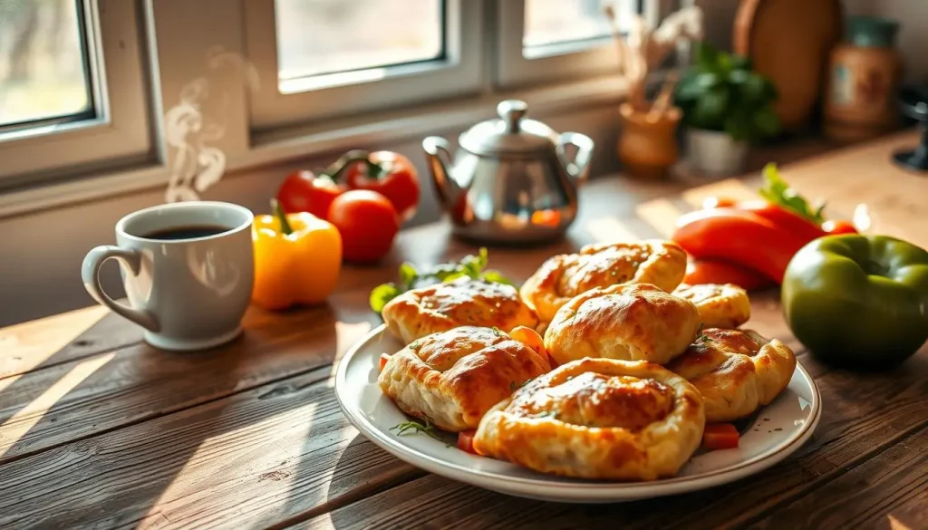 A cozy kitchen setting featuring a plate of golden, crispy breakfast pizza rolls, surrounded by vibrant vegetables like bell peppers and tomatoes, with a steaming cup of coffee beside it, sunlight streaming in through a window, casting warm shadows on a rustic wooden table.