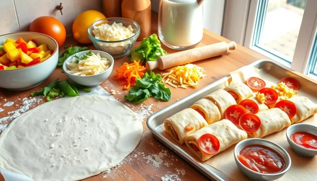 A bright, colorful kitchen scene with fresh ingredients for breakfast pizza rolls laid out on a wooden countertop. Display a bowl of scrambled eggs, diced bell peppers, shredded cheese, and slices of pepperoni. Show a rolling pin and pizza dough being rolled out, with flour scattered around. Include a baking sheet with parchment paper ready for assembling the rolls, and a small dish of marinara sauce on the side for dipping. The sunlight streaming through the window adds warmth to the inviting atmosphere.