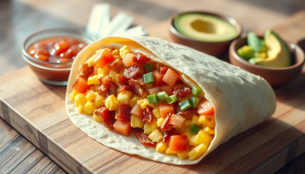 A fresh, appetizing breakfast burrito wrapped in a warm tortilla, overflowing with scrambled eggs, crispy bacon, diced tomatoes, shredded cheese, and green onions, placed on a wooden cutting board next to a small bowl of salsa and avocado slices, bright morning light illuminating the scene.