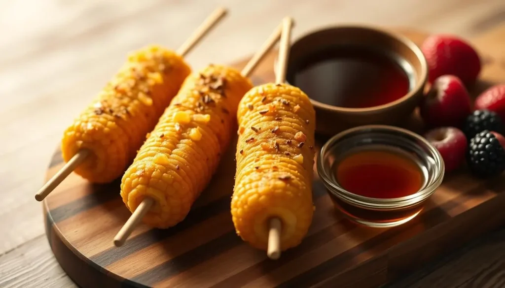 A close-up of golden-brown breakfast corn dogs, skewered and served on a rustic wooden board, accompanied by a small bowl of maple syrup and fresh berries, with a soft morning light illuminating the scene, creating a warm, inviting atmosphere.