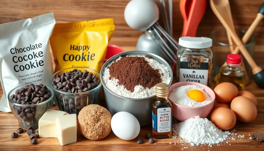 A colorful arrangement of brookie ingredients including chocolate chips, cocoa powder, flour, brown sugar, eggs, butter, and vanilla extract, elegantly displayed on a wooden surface, with a touch of decorative kitchen utensils like measuring cups and whisks in the background.