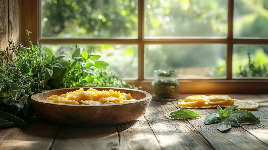 A rustic wooden kitchen countertop with a small pan filled with bubbling brown butter, golden and aromatic, surrounded by fresh sage leaves. Soft light filters through a nearby window, casting delicate shadows on the surface, while a few butternut squash ravioli are elegantly placed in the background. The scene captures the essence of cooking, with hints of earthy textures and warm colors.