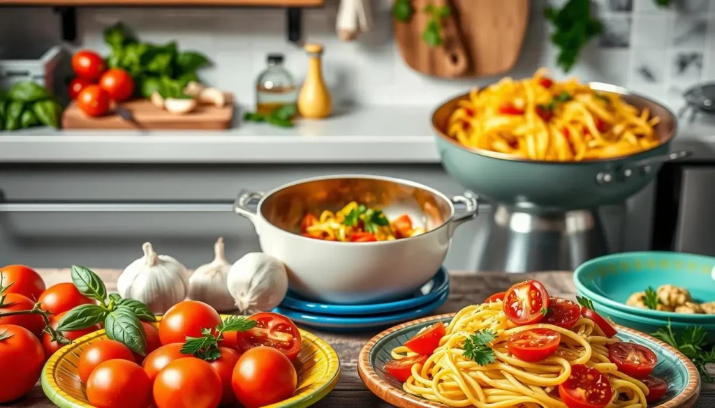 A vibrant kitchen scene featuring step-by-step preparation of Bruschetta Pasta, showcasing fresh ingredients like ripe tomatoes, basil, garlic, and pasta in the foreground. Illustrate the cooking process: chopping vegetables, sautéing garlic in olive oil, boiling pasta, and tossing everything together in a large bowl. Include colorful plates garnished with parsley, and a rustic wooden table setting, emphasizing the freshness and flavors of an Italian dish.