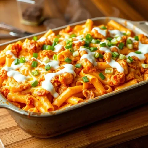A vibrant, cheesy pasta bake dish topped with spicy buffalo chicken, surrounded by melted cheese, garnished with green onions and a drizzle of ranch dressing, all in a rustic, oven-safe casserole dish on a wooden table. The scene is warm and inviting, with steam rising from the dish, emphasizing the comforting and delicious nature of the meal.