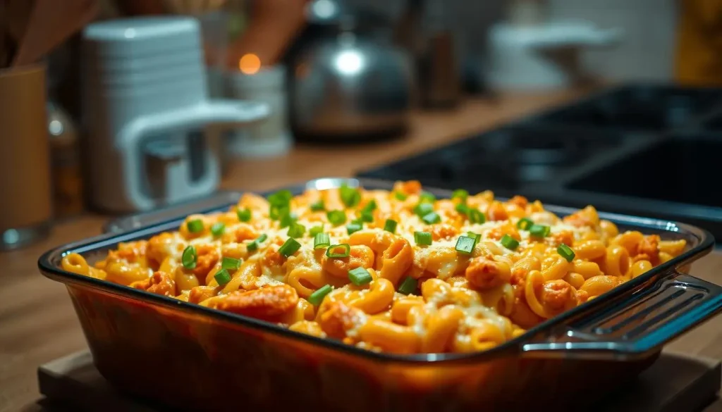 A warm, bubbling casserole dish of buffalo chicken pasta bake, topped with melted cheese and garnished with green onions, surrounded by a cozy kitchen setting. The dish is vibrant with shades of orange and yellow from the buffalo sauce and cheese, with pasta peeking through, giving an inviting and hearty appearance. Soft lighting enhances the comfort food atmosphere, evoking a sense of warmth and homeliness.