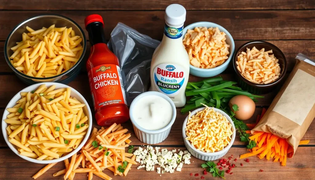 A vibrant arrangement of Buffalo chicken pasta ingredients on a rustic wooden table, featuring cooked penne pasta, shredded rotisserie chicken, a bottle of spicy buffalo sauce, creamy ranch dressing, shredded cheddar cheese, chopped green onions, and a sprinkle of crumbled blue cheese, all artistically placed with fresh herbs and red pepper flakes scattered around for added color and texture.
