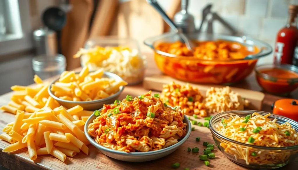 A vibrant kitchen scene showcasing the preparation of Buffalo Chicken Pasta Bake, featuring raw penne pasta, cooked shredded chicken tossed in spicy buffalo sauce, a mix of creamy cheese, chopped green onions, and a bubbling casserole dish. Bright colors and contrasting textures emphasizing the spicy and cheesy elements, with ingredients artfully arranged on a wooden countertop and utensils scattered around. The atmosphere is warm and inviting with soft natural light streaming in.