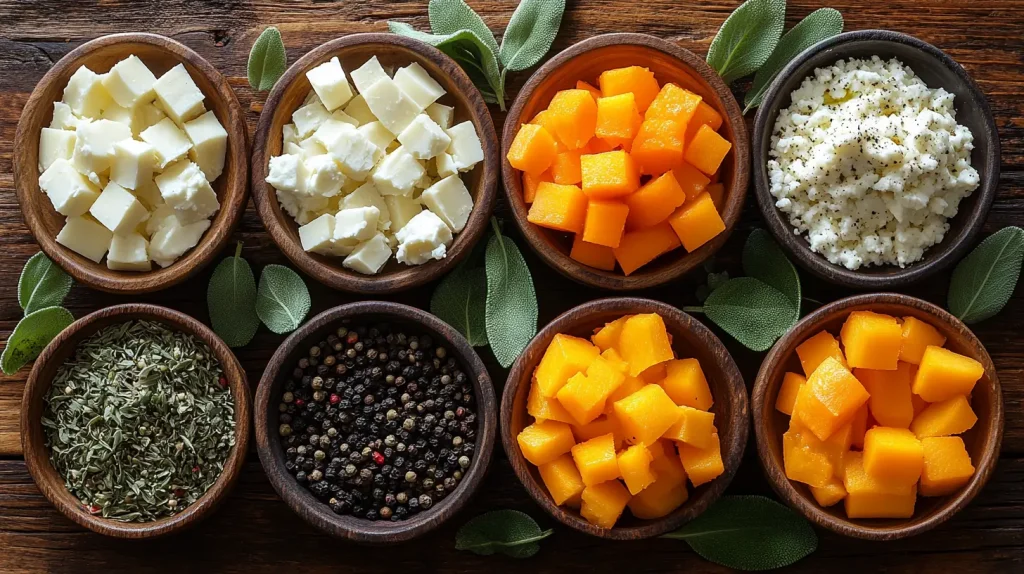 A colorful arrangement of fresh butternut squash, creamy ricotta cheese, sage leaves, grated Parmesan cheese, olive oil, chopped garlic, and crushed black pepper on a rustic wooden table, with soft natural lighting highlighting the textures and vibrant colors of the ingredients.