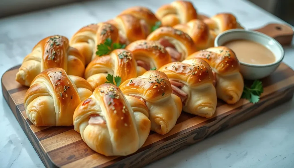 A beautifully arranged platter of golden-brown buttery crescent rolls, filled with ham and cheese, garnished with fresh parsley, served on a rustic wooden board, with a side of dipping sauce in a small bowl, soft natural lighting enhancing the textures and colors.