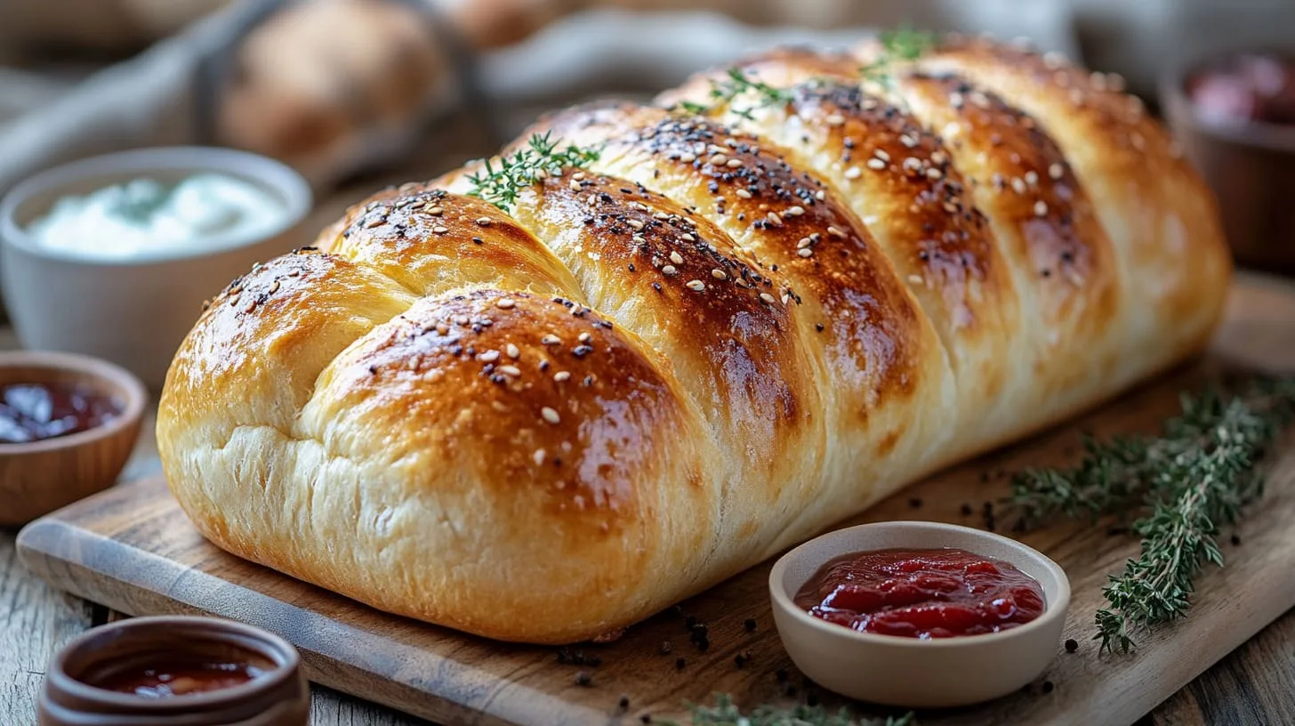 A freshly baked loaf of Canes bread, golden-brown crust, soft and fluffy interior, served on a rustic wooden table, surrounded by dipping sauces, with delicious steam rising from the loaf, warm and inviting atmosphere.