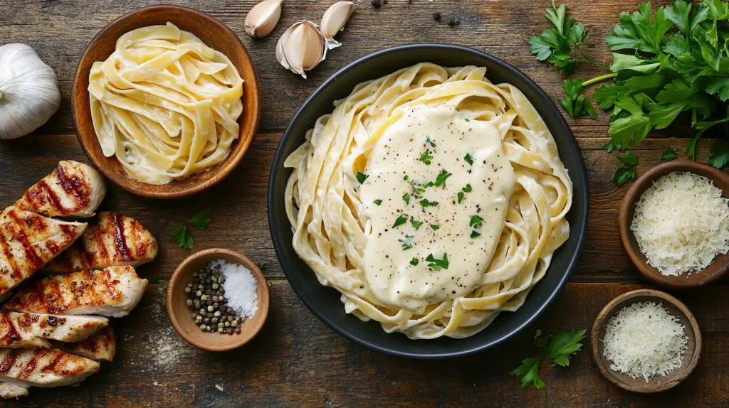A beautifully arranged flat lay of essential ingredients for Chicken Alfredo, featuring fettuccine pasta, succulent grilled chicken strips, creamy alfredo sauce in a bowl, fresh parsley for garnish, grated Parmesan cheese, minced garlic, and a sprinkle of black pepper on a rustic wooden surface.