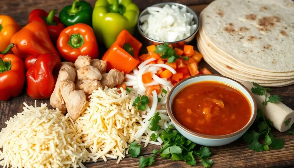 A vibrant display of essential ingredients for cheesy chicken enchiladas, featuring glistening cooked chicken, a variety of colorful bell peppers, finely chopped onions, smooth creamy cheese, rich enchilada sauce in a bowl, fresh cilantro sprigs, and warm tortillas arranged artistically on a rustic wooden table. The ingredients should evoke a sense of freshness and culinary delight, with natural lighting highlighting their textures and colors.