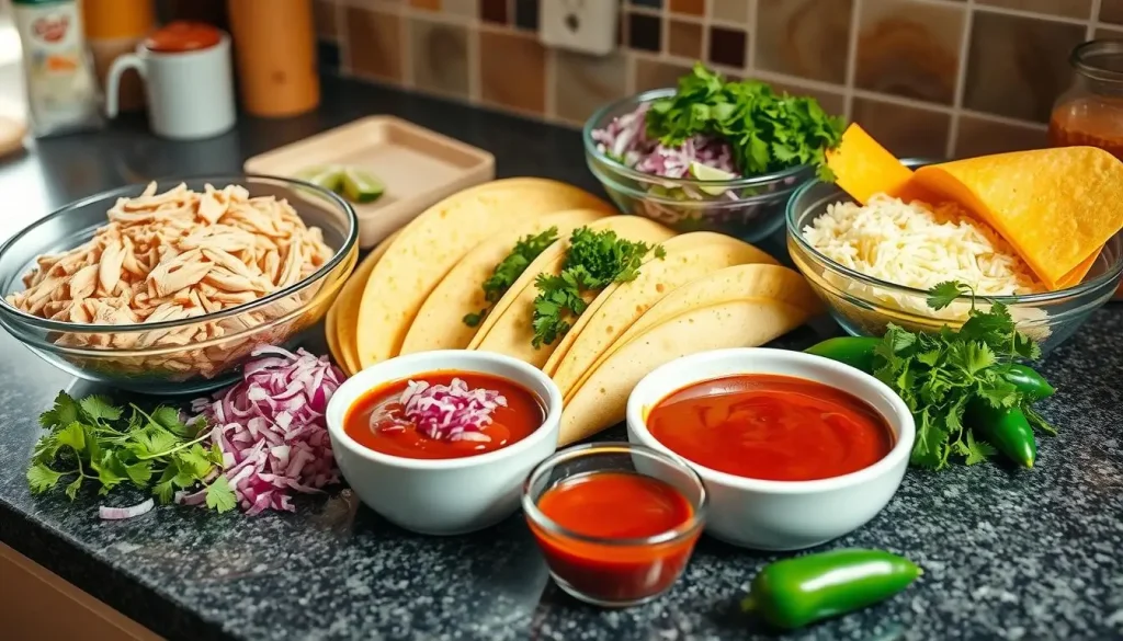 A vibrant kitchen countertop filled with colorful ingredients for chicken enchiladas, including shredded rotisserie chicken, corn tortillas, diced red onions, chopped cilantro, shredded cheese, enchilada sauce in a bowl, and fresh jalapeños, all arranged artfully with a warm, inviting atmosphere and natural lighting.
