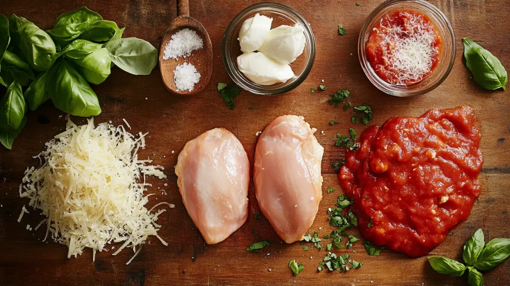 A visually appealing arrangement of fresh ingredients for Chicken Parmesan: plump chicken breasts, vibrant red marinara sauce, grated Parmesan cheese, shredded mozzarella, fresh basil leaves, and a sprinkle of Italian herbs, all set against a rustic wooden table background.