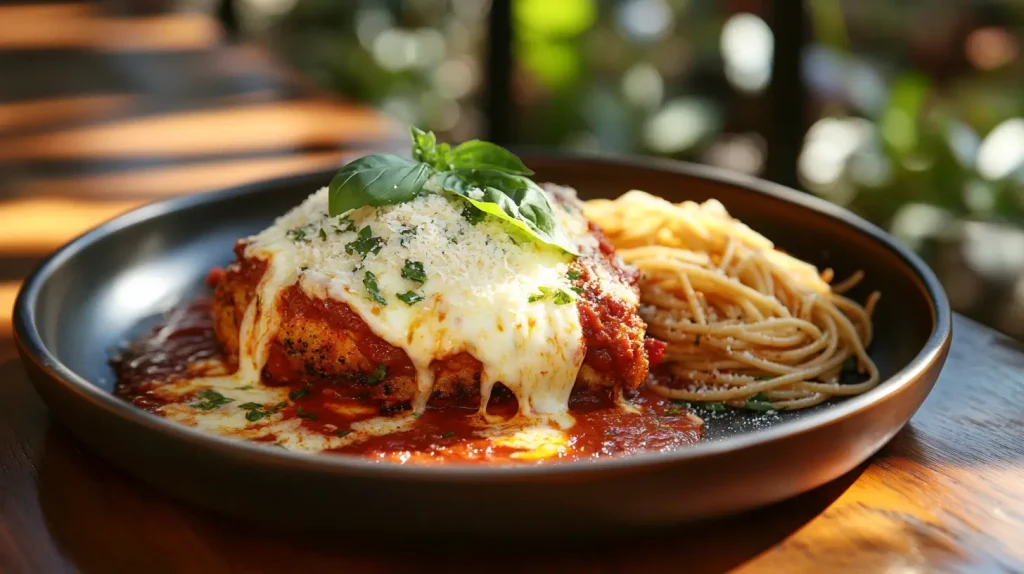 A beautifully plated Chicken Parmesan, featuring a golden-brown, breaded chicken breast topped with rich marinara sauce and melted mozzarella cheese, garnished with fresh basil, served on a rustic wooden table, alongside a side of spaghetti and a sprinkle of grated Parmesan cheese, warm evening light creating an inviting atmosphere.