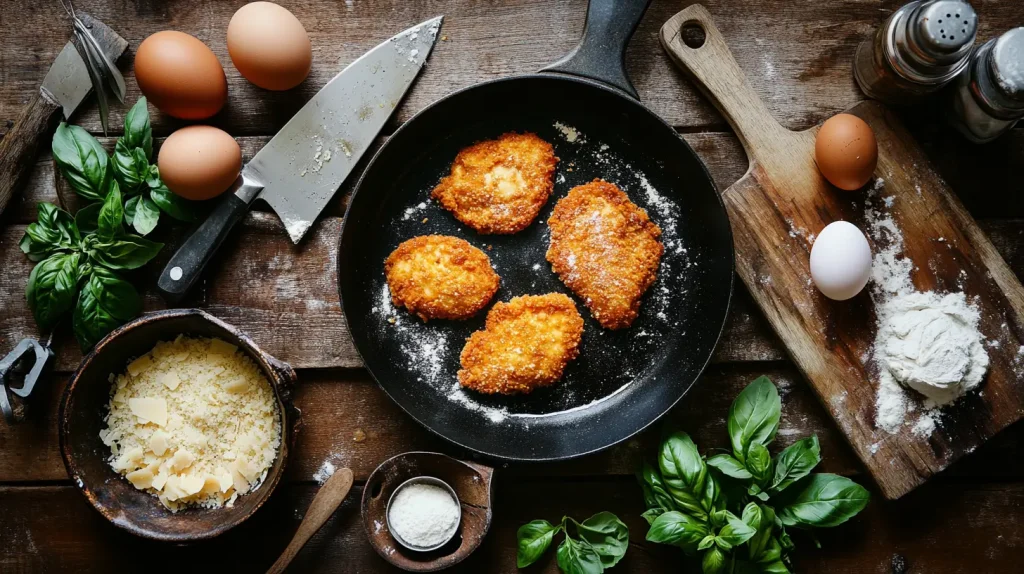 A beautifully arranged collection of kitchen tools for making Chicken Parmesan, featuring a frying pan, a meat tenderizer, breading station with flour, eggs, and breadcrumbs, a sharp knife, a cutting board, a baking dish, fresh basil leaves, and grated parmesan cheese, all set against a rustic wooden countertop.