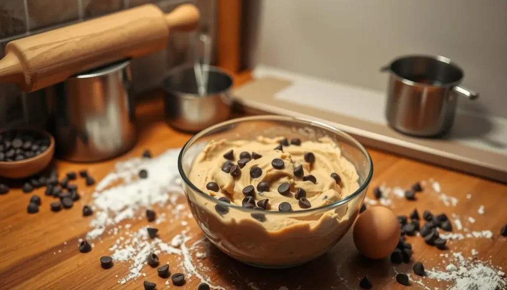 A cozy kitchen scene featuring a wooden countertop with a mixing bowl filled with creamy chocolate chip cookie dough, glistening chocolate chips scattered around, flour dust lightly covering the surface, an egg and a measuring cup nearby, warm lighting creating an inviting atmosphere, with a rolling pin and cookie sheet in the background.
