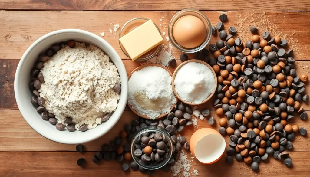 A beautifully arranged flat lay of chocolate chip cookie ingredients, featuring a bowl of flour, a stick of butter, brown sugar, white sugar, eggs, vanilla extract, baking soda, and a generous heap of semi-sweet chocolate chips. Include a few scattered chocolate chips and a fresh egg shell for added detail. The scene is set on a rustic wooden table with warm natural lighting to evoke a cozy baking atmosphere.