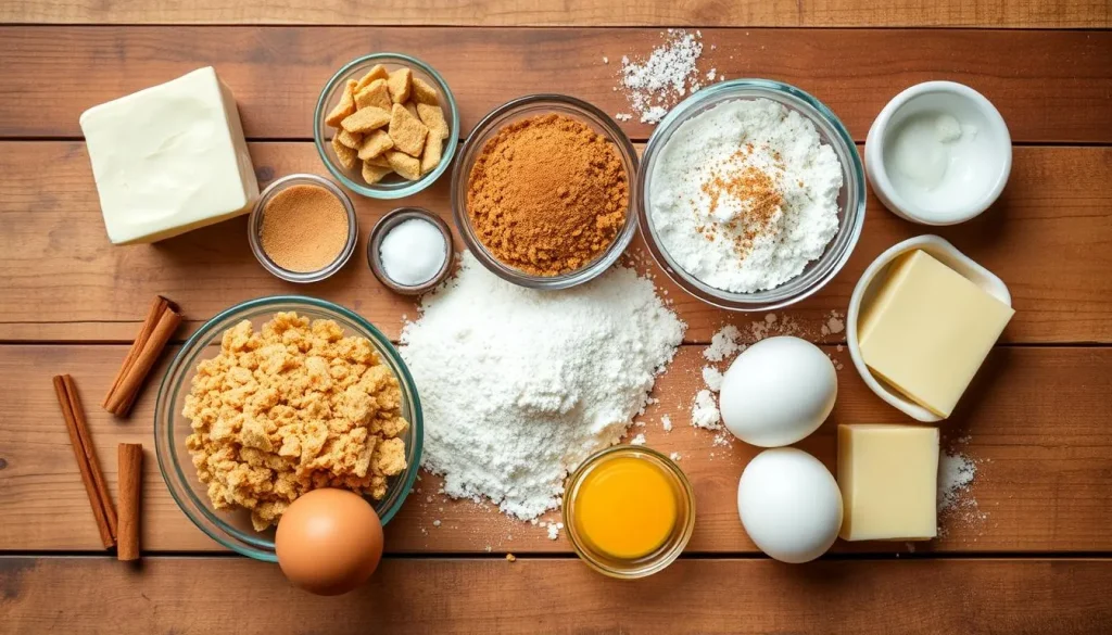 A visually appealing flat lay of essential ingredients for churro cheesecake bars, including cream cheese, graham cracker crumbs, sugar, cinnamon, eggs, butter, flour, and a sprinkle of cinnamon sugar on top. The backdrop is a rustic wooden table with a warm, inviting color palette, creating a cozy kitchen atmosphere.