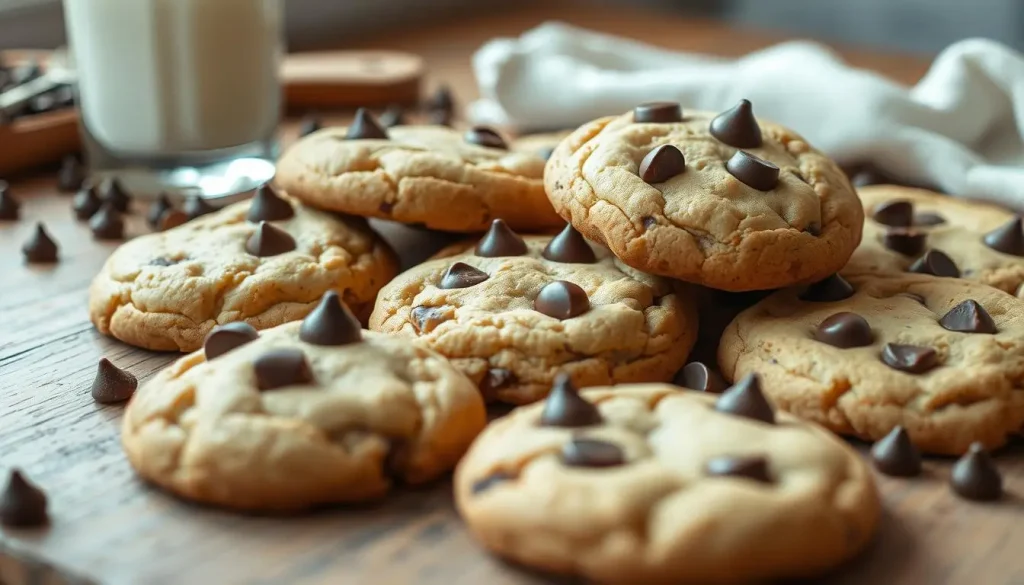 A freshly baked batch of golden brown chocolate chip cookies, perfectly round with gooey chocolate chips melting on top, placed on a rustic wooden table, surrounded by scattered chocolate chips and a glass of cold milk in the background, warm soft lighting creating a cozy atmosphere.