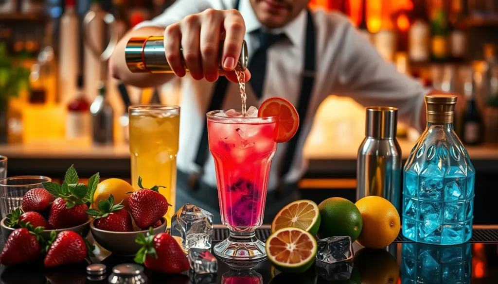 A vibrant cocktail mixing scene featuring a bartender skillfully pouring colorful liquids into a glass, surrounded by fresh fruits like strawberries and limes, with a backdrop of shimmering bar tools and ice cubes, all illuminated with soft, warm lighting.