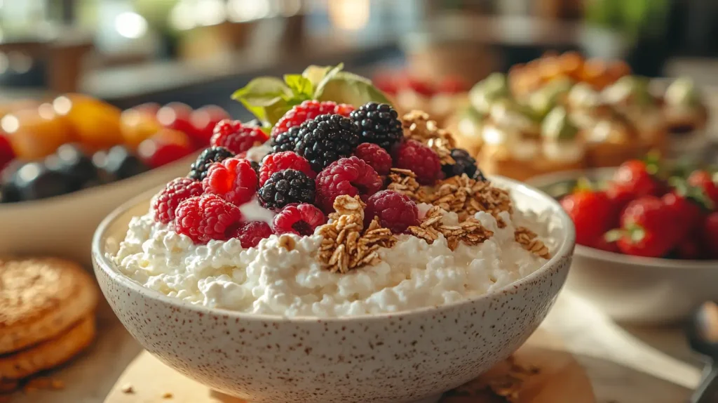 A vibrant breakfast spread featuring cottage cheese in various delicious recipes, including a bowl of creamy cottage cheese topped with fresh berries and honey, a slice of whole grain toast with cottage cheese and avocado, a colorful smoothie bowl with cottage cheese, fruits, and nuts, and a parfait layered with granola and cottage cheese, all set against a bright morning kitchen backdrop with natural light.