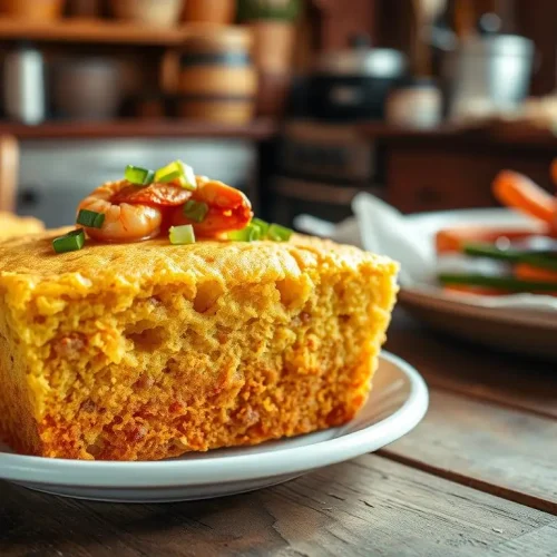 Southern-style cornbread infused with crawfish, golden-brown crust, garnished with green onions and herbs, placed on a rustic wooden table, warm atmosphere, natural lighting, vintage kitchen setting, Southern culinary ambiance.