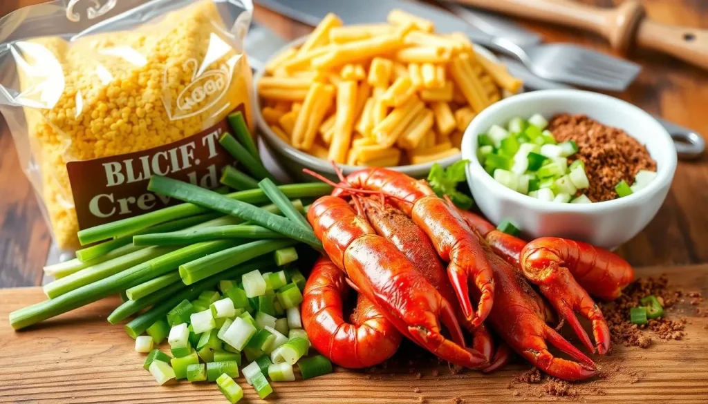 A vibrant arrangement of ingredients for crawfish cornbread, showcasing golden cornbread mix, plump crawfish tails, fresh green onions, chopped bell peppers, and a sprinkle of Cajun spices, all artfully displayed on a rustic wooden surface with a backdrop of Southern cooking utensils.