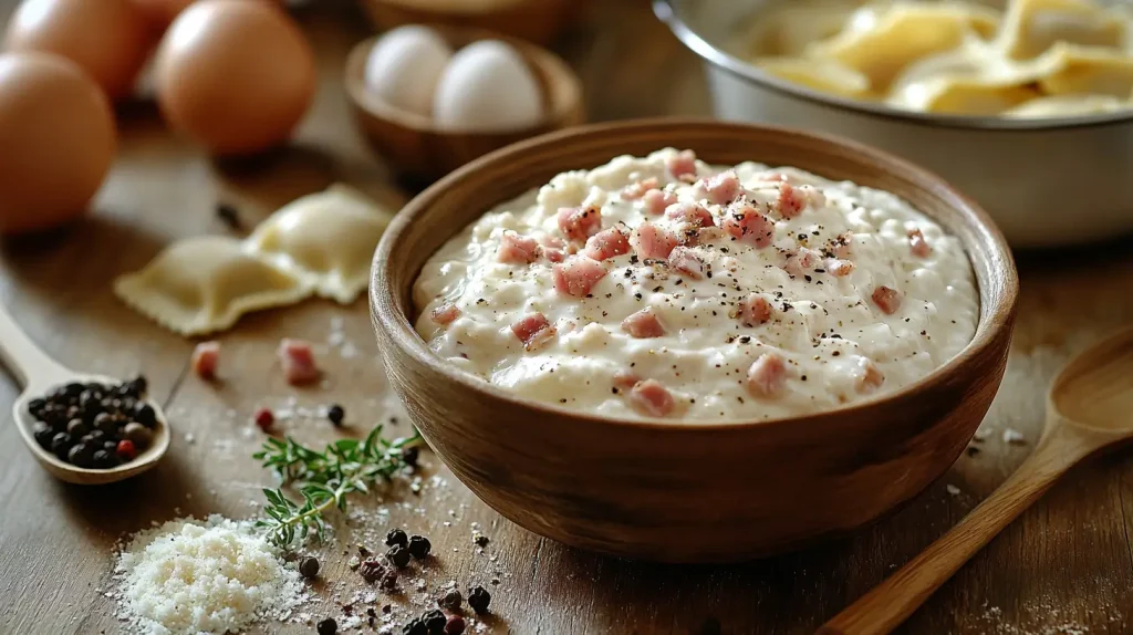 A rustic kitchen countertop featuring a small mixing bowl filled with creamy Carbonara sauce, surrounded by fresh ingredients like cracked eggs, freshly grated Parmesan cheese, crispy pancetta, and black pepper. A wooden spoon rests nearby, and a soft-focus background reveals a pot of boiling water with ravioli. Warm, natural lighting enhances the inviting atmosphere of Italian cooking.