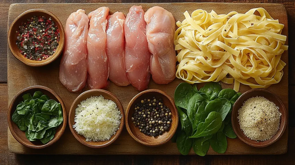 A visually appealing arrangement of essential ingredients for creamy chicken pasta, featuring raw chicken breasts, a bowl of heavy cream, grated Parmesan cheese, fresh garlic cloves, chopped parsley, a handful of spinach, and uncooked fettuccine pasta. The background should be a rustic wooden cutting board with hints of olive oil and cracked black pepper scattered around for added texture. The lighting should be soft and warm, highlighting the freshness of the ingredients.