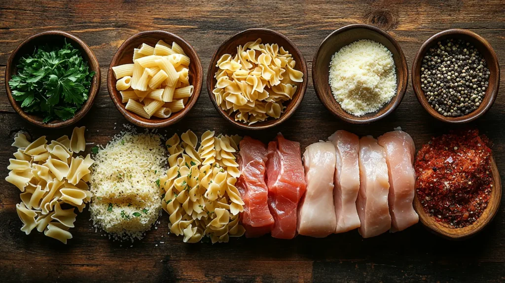 A vibrant display of creamy garlic parmesan chicken pasta ingredients; fresh garlic cloves, grated parmesan cheese, uncooked pasta in various shapes, a splash of heavy cream, raw chicken breasts, chopped parsley, cracked black pepper, and olive oil; arranged artistically on a rustic wooden table with a soft natural light illuminating the scene.