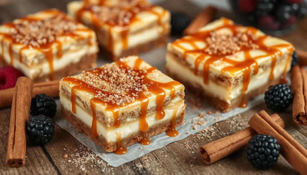 Delicious churro cheesecake bars on a rustic wooden table, drizzled with caramel sauce, topped with a sprinkle of cinnamon sugar, and surrounded by a scattering of cinnamon sticks and fresh berries, warm golden-brown edges, creamy cheesecake filling peeking out, inviting and decadent presentation.