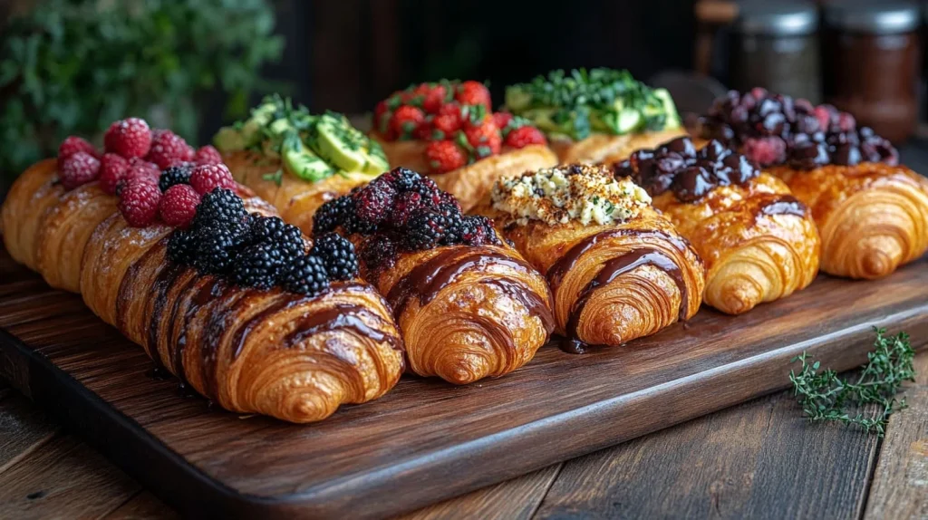 A platter showing different types of French toast, including versions with berries, chocolate, cheese, and avocado.